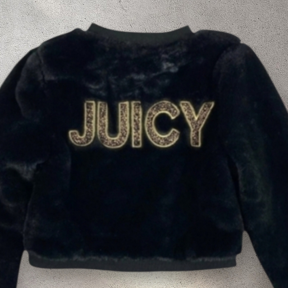 Girls 3T Juicy Couture Logo Black Faux Fur Jacket Zip Bomber-Style Cropped Y2K